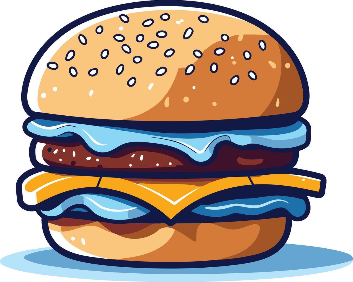 A delicious looking cartoon burger with sesame seeds, lettuce, cheese, and a juicy patty, perfect for menus, food blogs, and social media posts vector