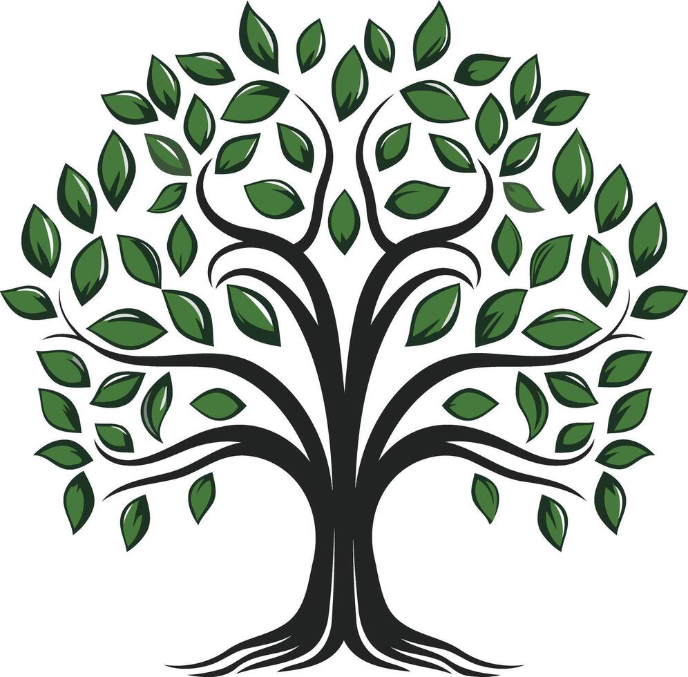 A stylized tree with lush green leaves and strong, deep roots, symbolizing growth, strength, and connection vector