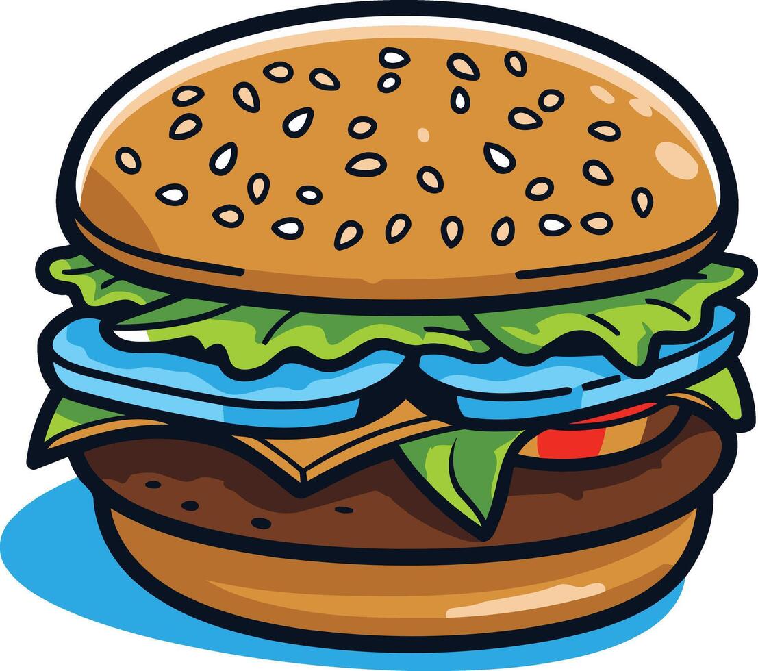 A cartoon illustration of a delicious-looking burger, perfect for menus, social media, and other food-related marketing materials vector