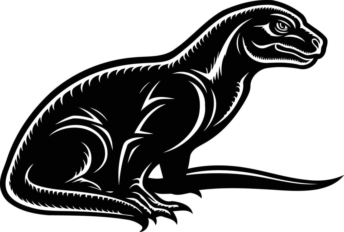 A striking black and white illustration of a komodo dragon in a powerful sitting pose vector