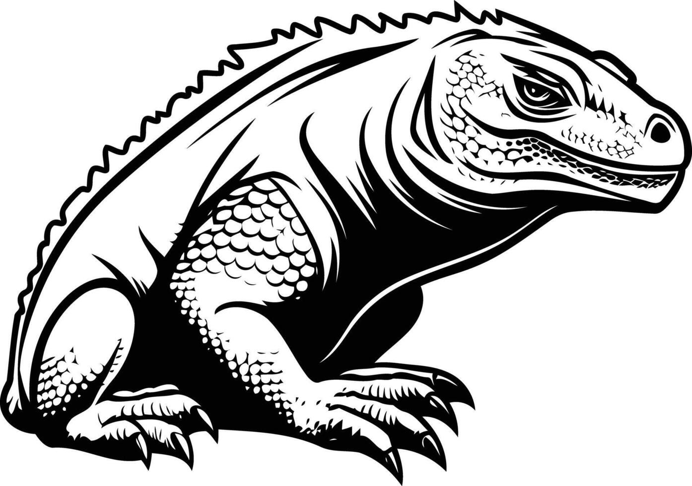 A detailed black and white illustration of a powerful iguana in a classic vintage style vector