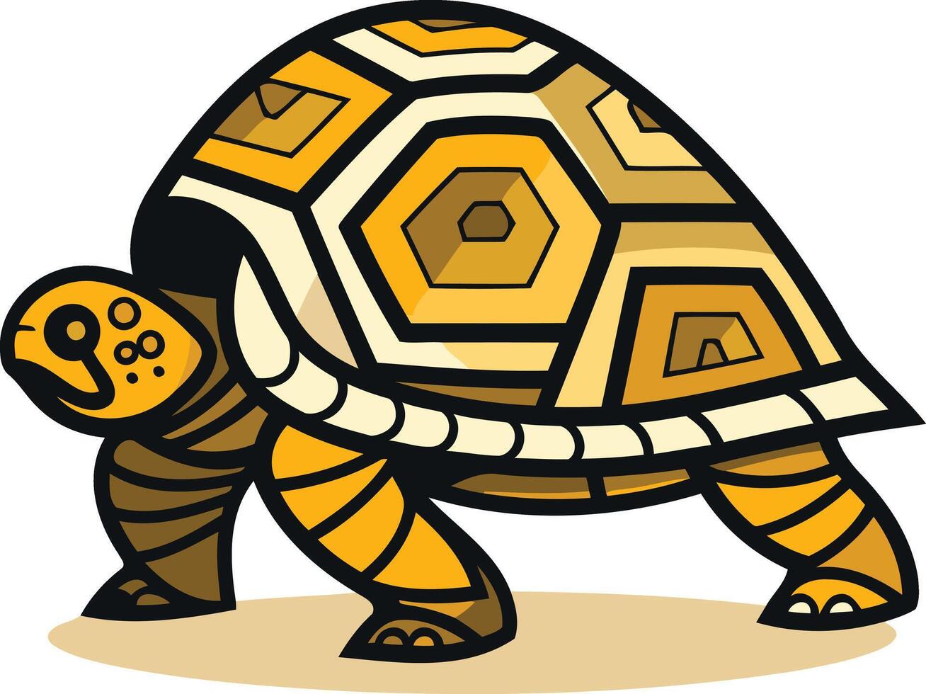 A cute cartoon turtle with a yellow and brown shell, walking on a sandy surface vector