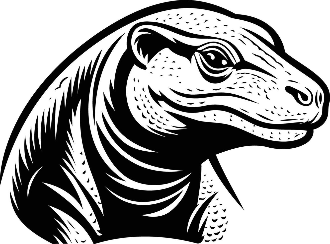Black and white illustration of a fierce and detailed lizard head, perfect for tattoos, t-shirt designs, and branding vector