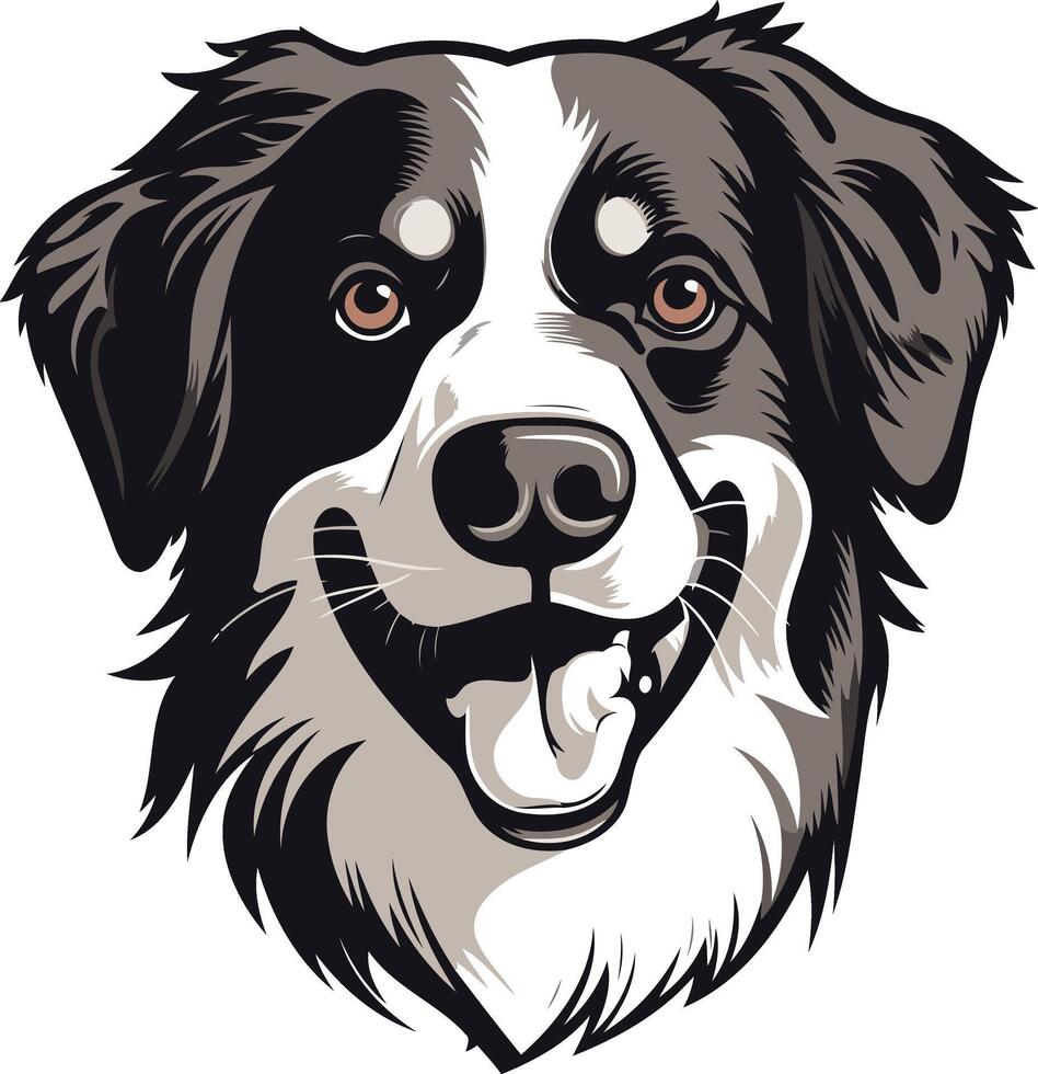 A friendly, cartoon style illustration of a black and white dog's head, featuring a smiling expression and a playful, slightly tongue out look vector