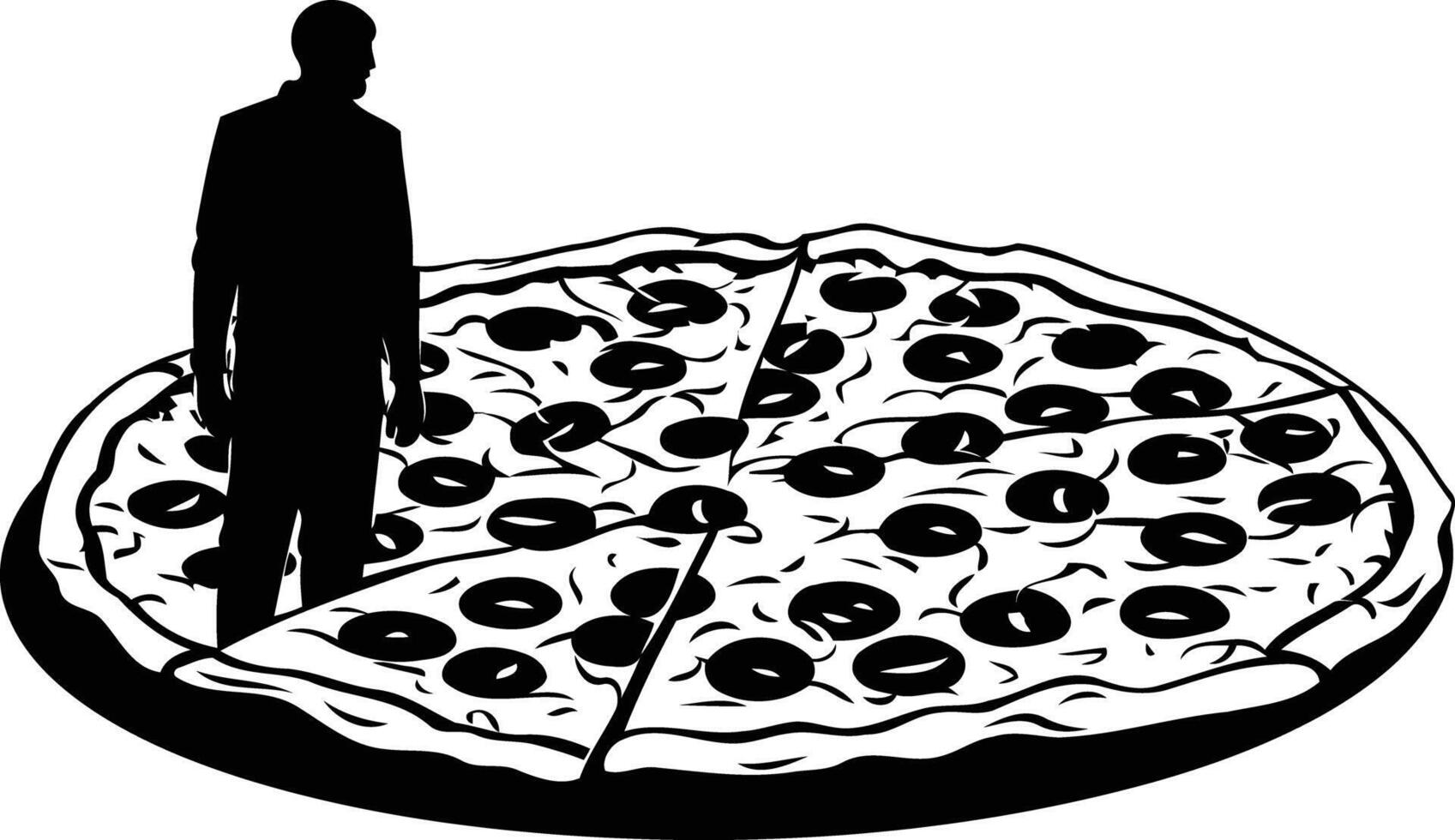 A single silhouette of a man stands before a giant pizza, highlighting the irresistible allure of a delicious meal vector