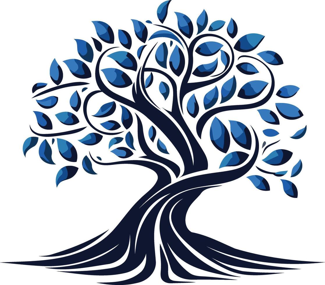 A stylized blue tree with intricate branches and roots, symbolizing growth, strength, and connection vector