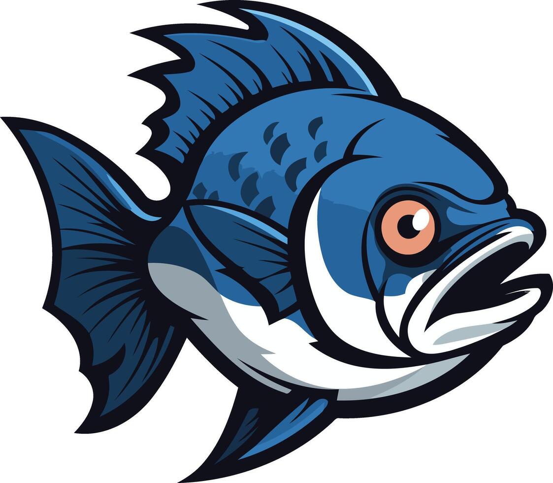 A fierce looking cartoon fish with a bold blue and white design, perfect for branding, mascots, or sports team logos vector