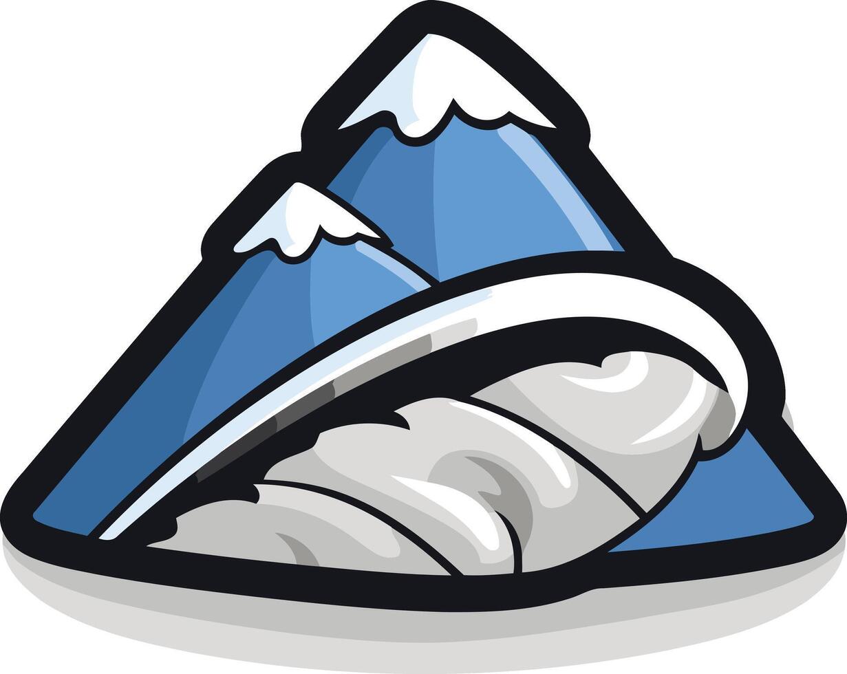 A vibrant, cartoonish logo featuring snow-capped mountains and a curling wave vector