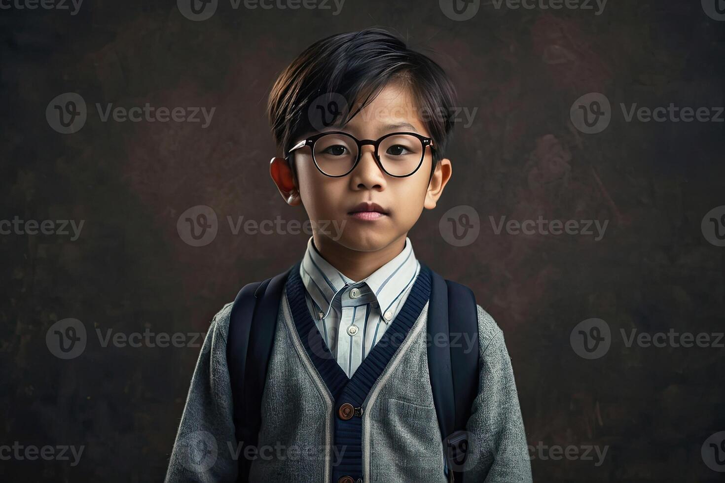 Portrait of a serious Asian kid schoolboy with glasses on a solid gray background. Back to school, correction of pupil kid eyesight. photo