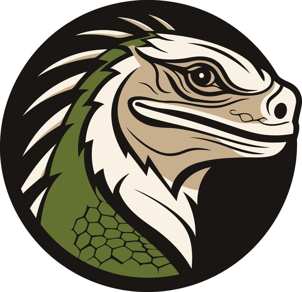 A fierce and stylized iguana head in a circle, perfect for logo design, mascot, or tattoo inspiration vector