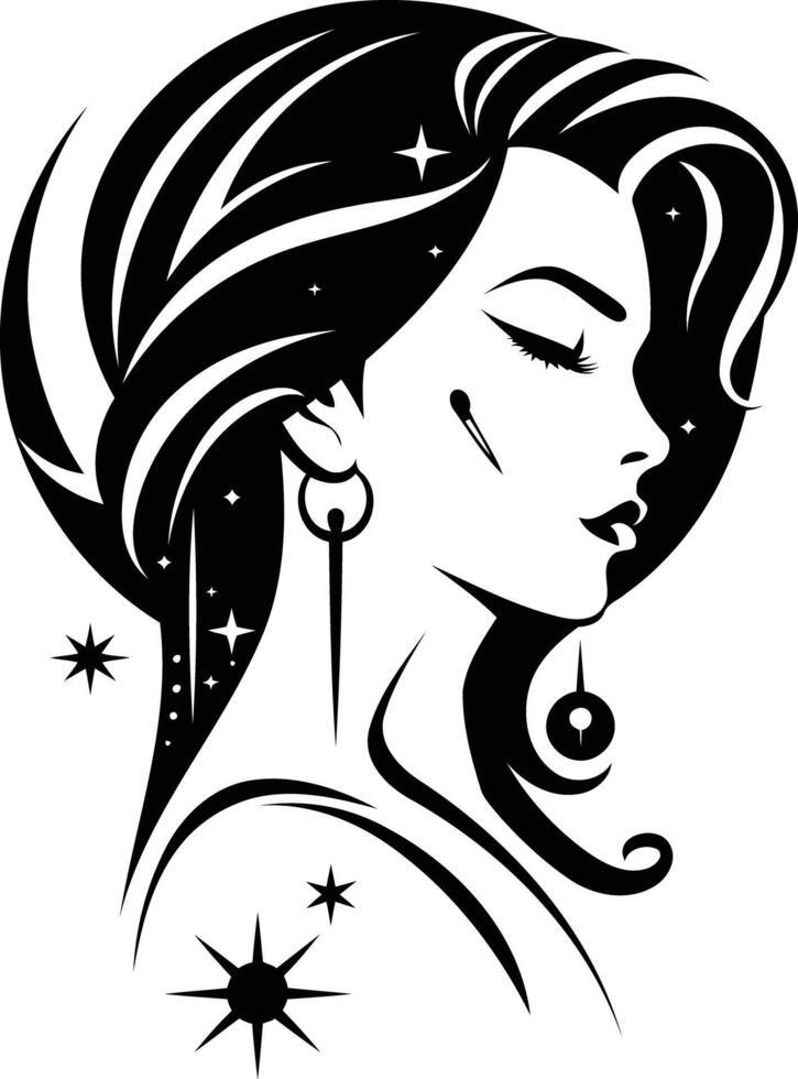 Elegant black and white illustration of a woman's profile with celestial details vector