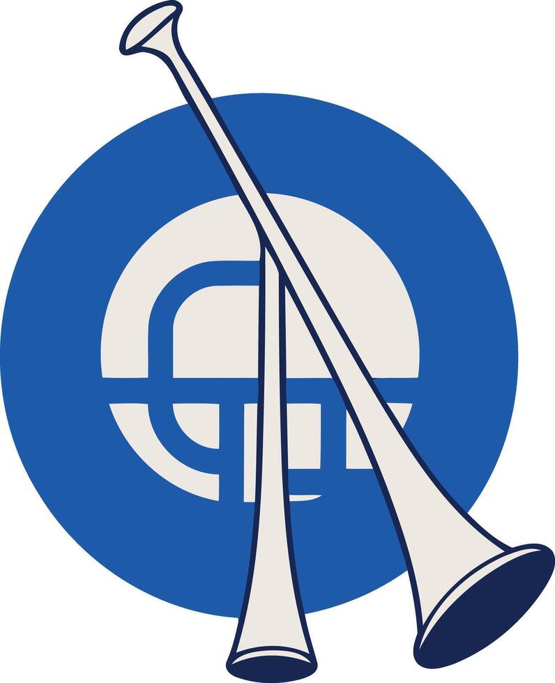 Two White Trumpets Crossed Over a Blue Circle vector