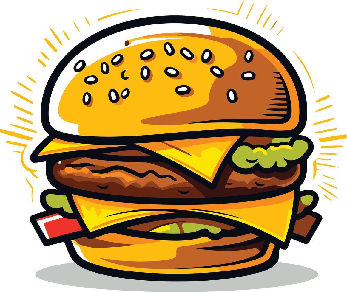 A delicious, cartoon-style double cheeseburger with lettuce, tomato, and cheese vector