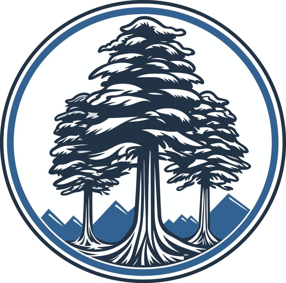 A bold and classic emblem featuring three majestic redwood trees against a mountain backdrop, enclosed in a circular frame vector