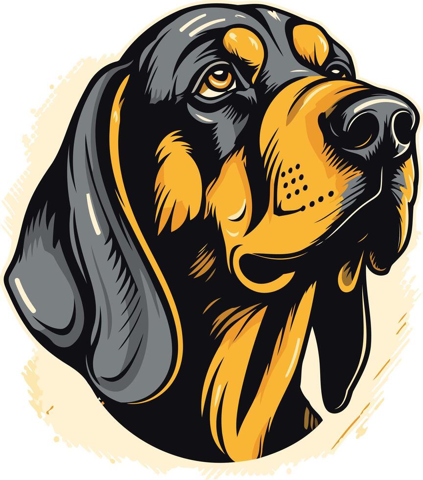 A close-up portrait of a black and tan coonhound, showcasing its intelligent and attentive expression vector