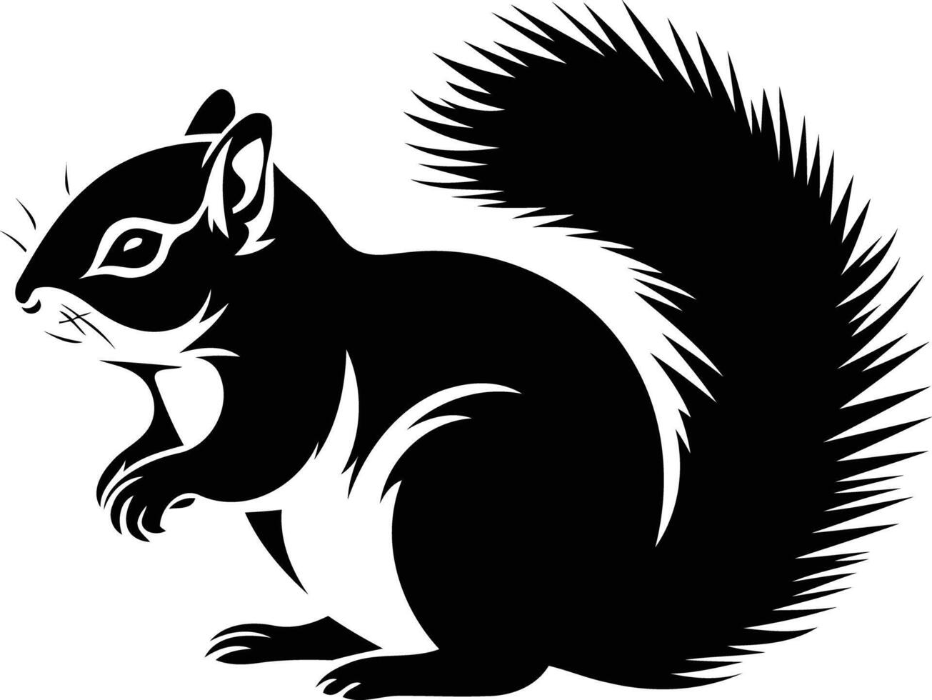 A simple yet striking black and white silhouette of a squirrel, perfect for nature, wildlife, and animal themed designs vector