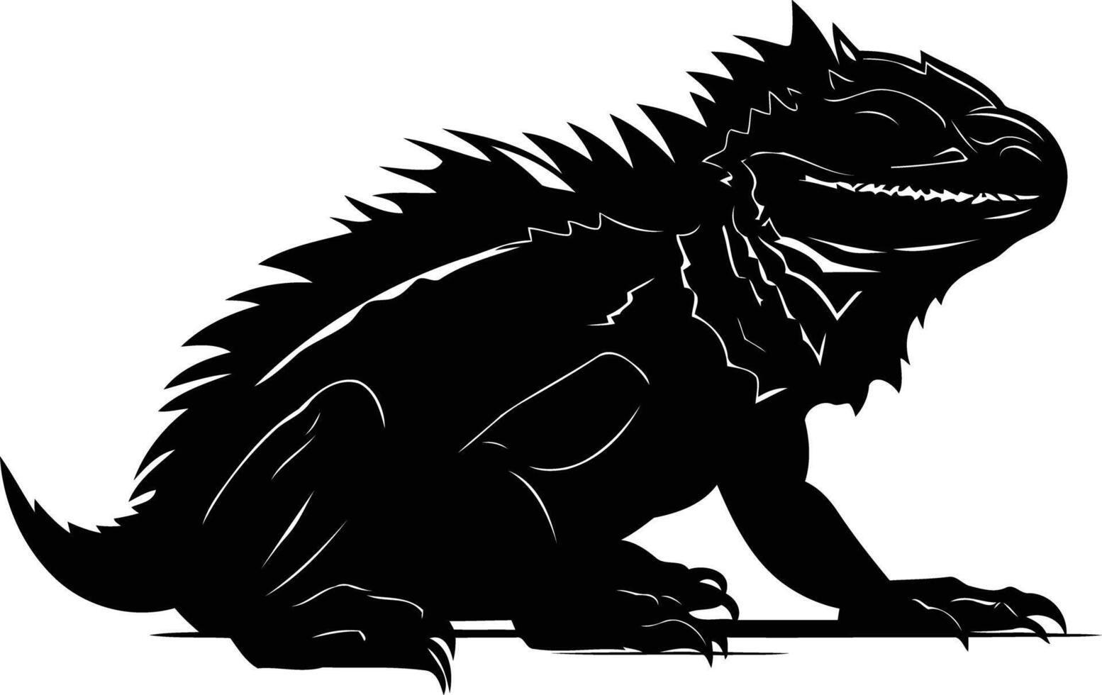 A striking silhouette of a lizard, its spiky back and reptilian features captured in stark black against a white background vector