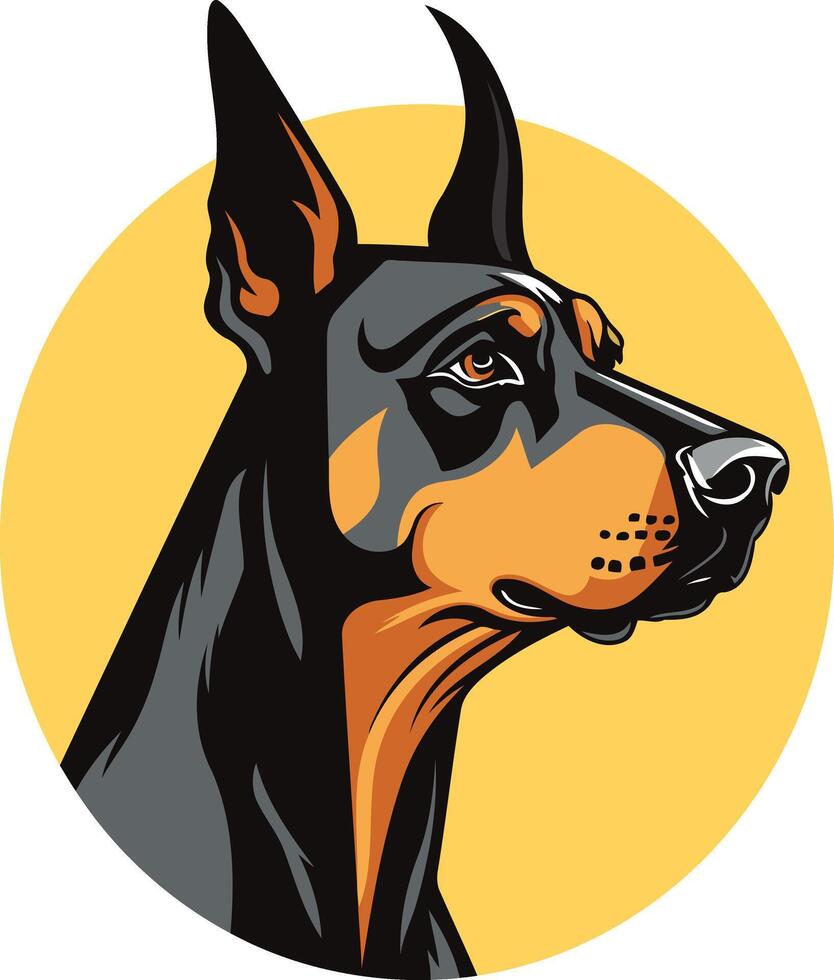 A powerful and striking illustration of a doberman pinscher's head, rendered in bold black, brown, and yellow vector