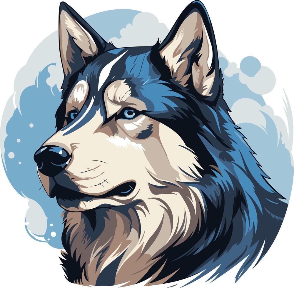 A striking, hand-drawn illustration of a siberian husky with piercing blue eyes, perfect for branding, apparel, and pet-related projects vector