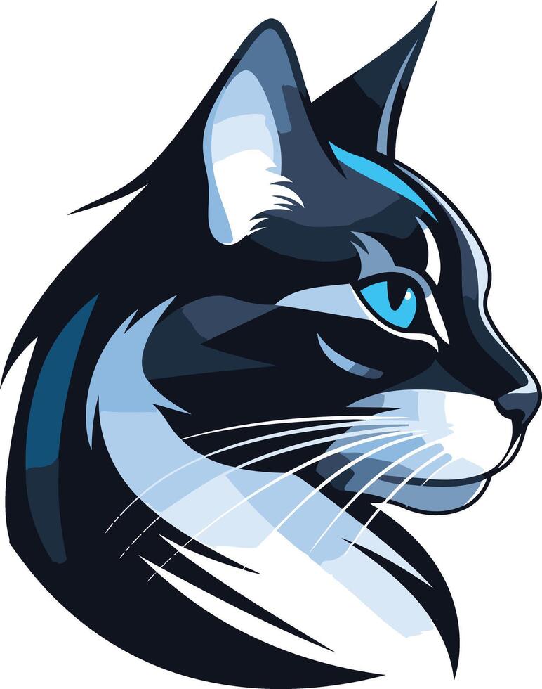 A sleek and stylish cat head logo design, featuring a bold blue line and piercing blue eyes vector