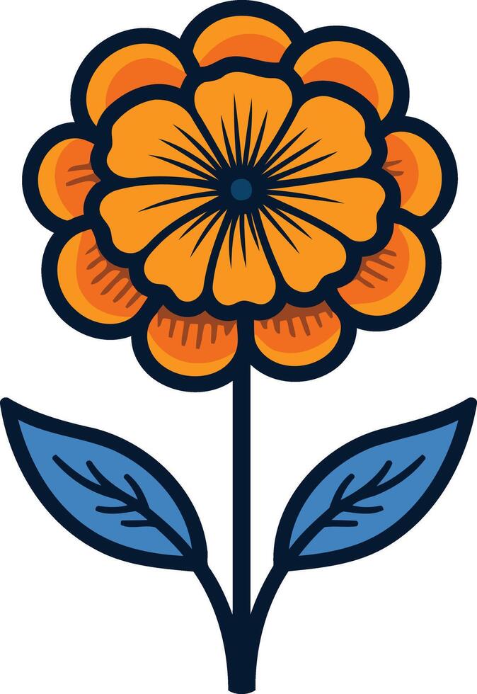 A cheerful, cartoon style illustration of a single orange flower with blue leaves vector
