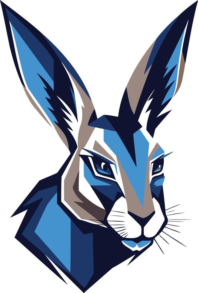 A bold and dynamic illustration of a rabbit's head, rendered in a striking blue and gray color scheme vector