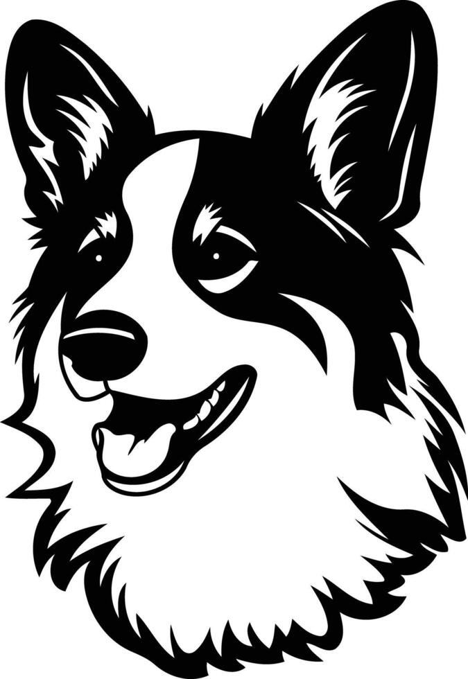 Black and white, illustration of a friendly, smiling corgi head vector