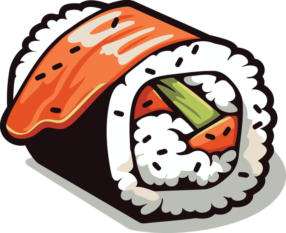 A cheerful, cartoon-style illustration of a salmon sushi roll, perfect for adding a touch of fun to your restaurant menus, website designs, or social media posts vector