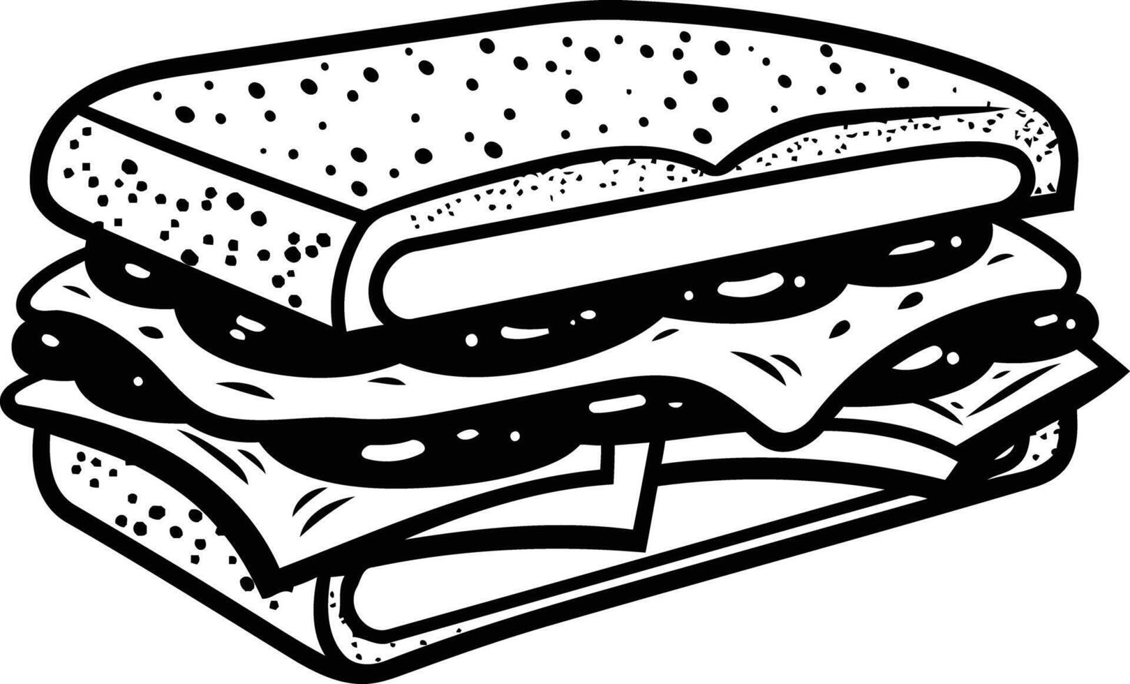 A cartoon illustration of a delicious sandwich in black and white vector