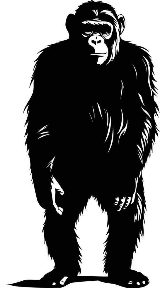 A dramatic black and white silhouette of a chimpanzee standing, ready for your design projects vector
