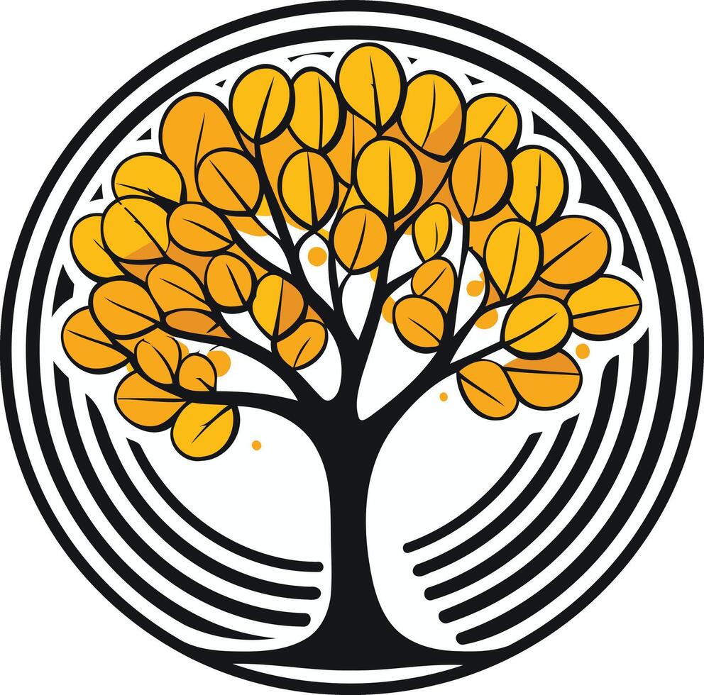 A stylized tree logo with a circular design and autumnal colors, perfect for environmental, nature, or community-based organizations vector