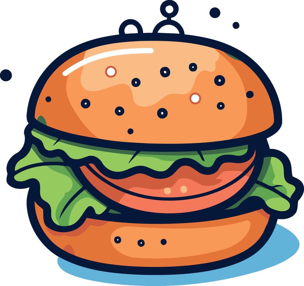 A colorful, cartoon-style illustration of a juicy burger, perfect for branding, social media, or app design vector
