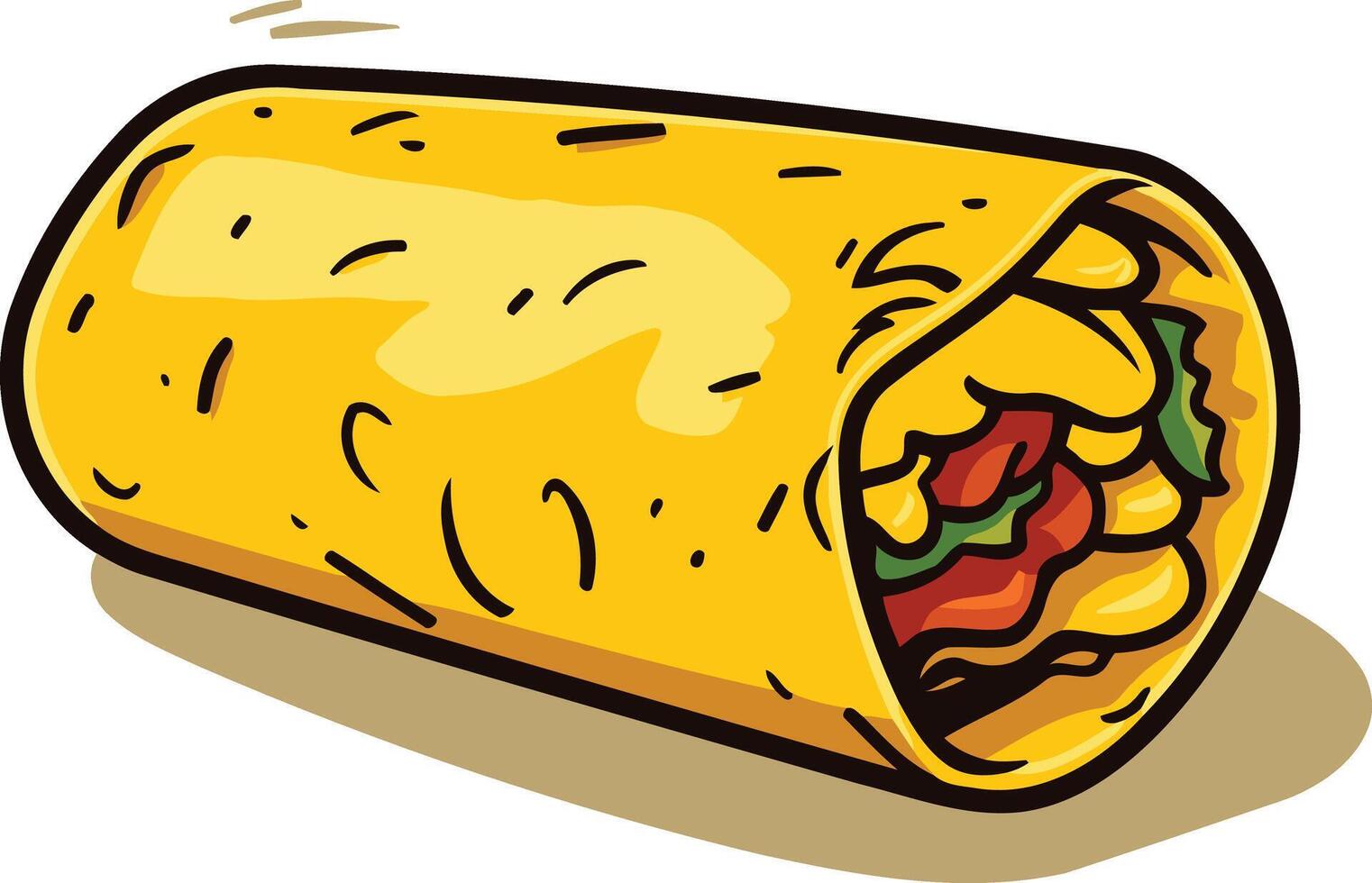 A cartoon illustration of a delicious looking burrito, perfect for menus, food blogs, or branding vector