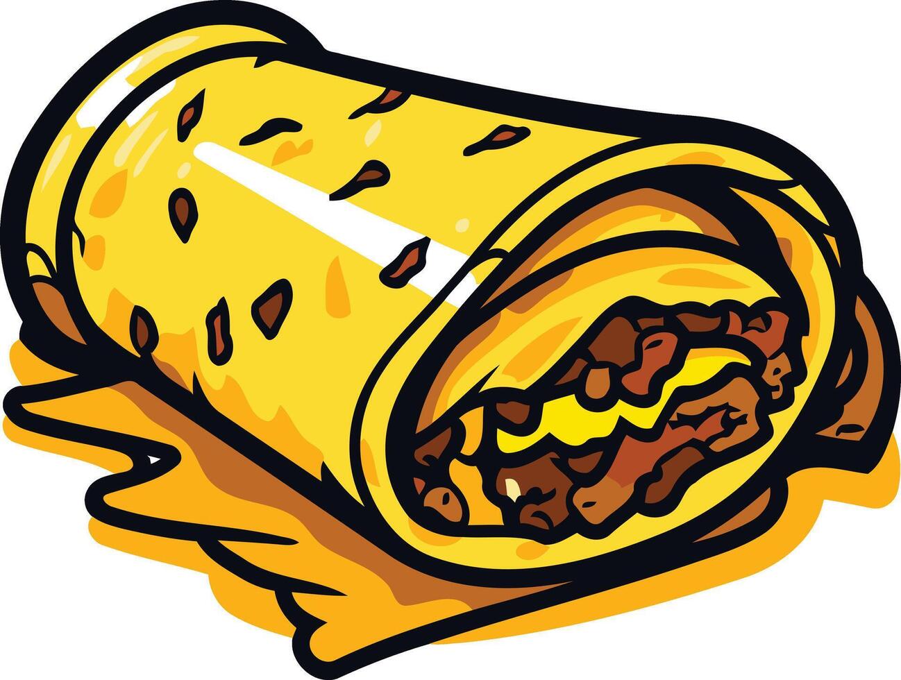 A cartoon illustration of a delicious looking burrito, perfect for restaurant menus, food blogs, and social media posts about mexican cuisine vector
