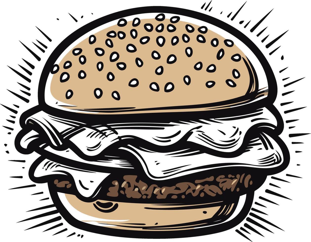 A delicious, hand drawn illustration of a juicy burger with sesame seed bun, lettuce, and cheese vector