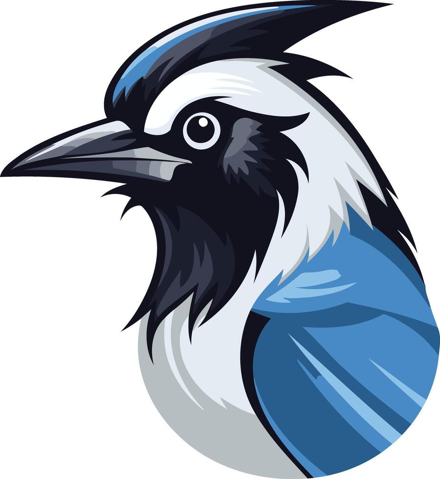 A striking, cartoon-style illustration of a blue jay's head vector