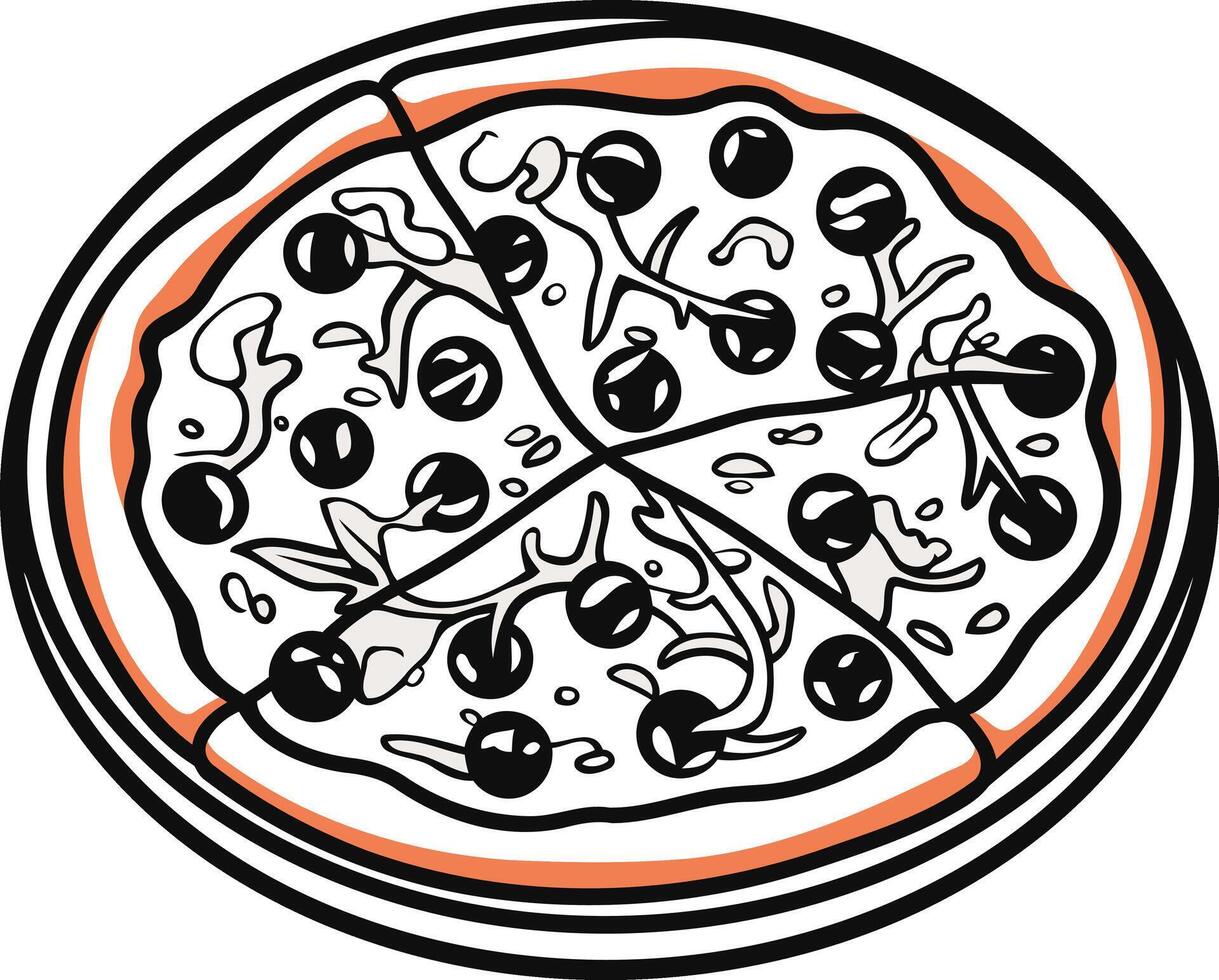 A simple and stylish black and white illustration of a pizza with black olives, perfect for menus, branding, and social media vector