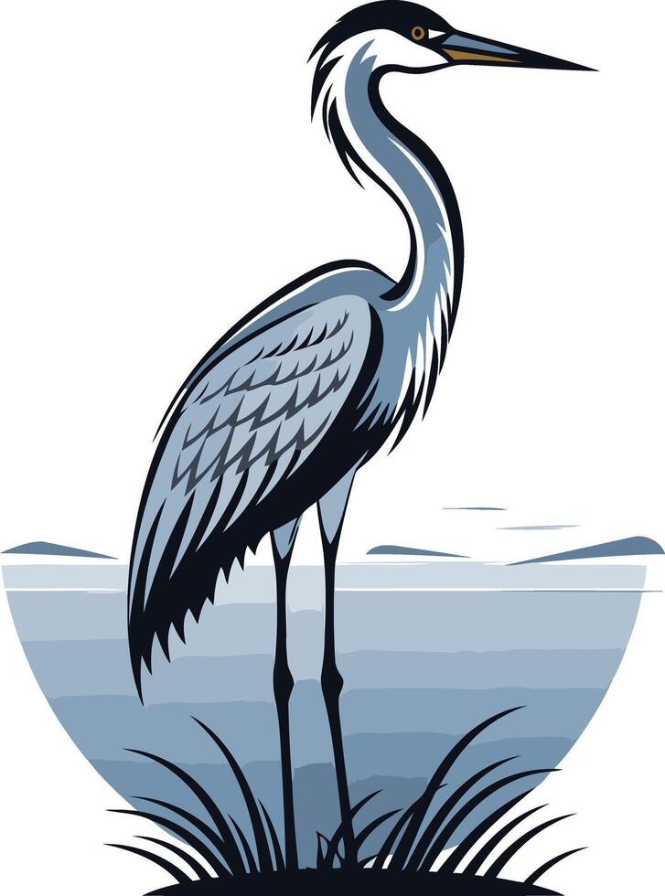 A stylized illustration of a heron standing in a marsh, perfect for logos, branding, or nature-themed designs vector