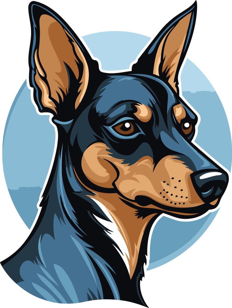 A detailed illustration of a miniature pinscher dog with a serious expression, perfect for pet related designs, logos, and branding vector