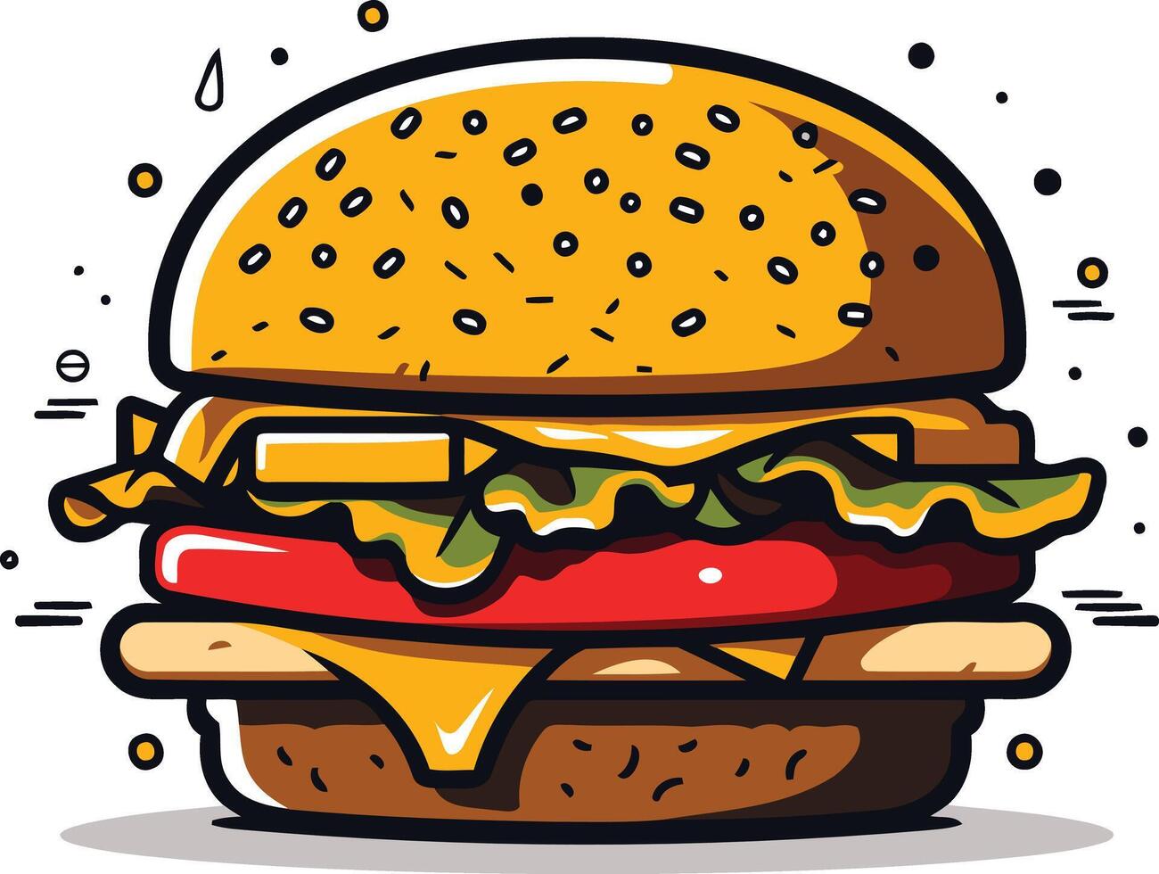 A cartoon-style illustration of a juicy burger with cheese, lettuce, tomato, and sesame seed bun vector