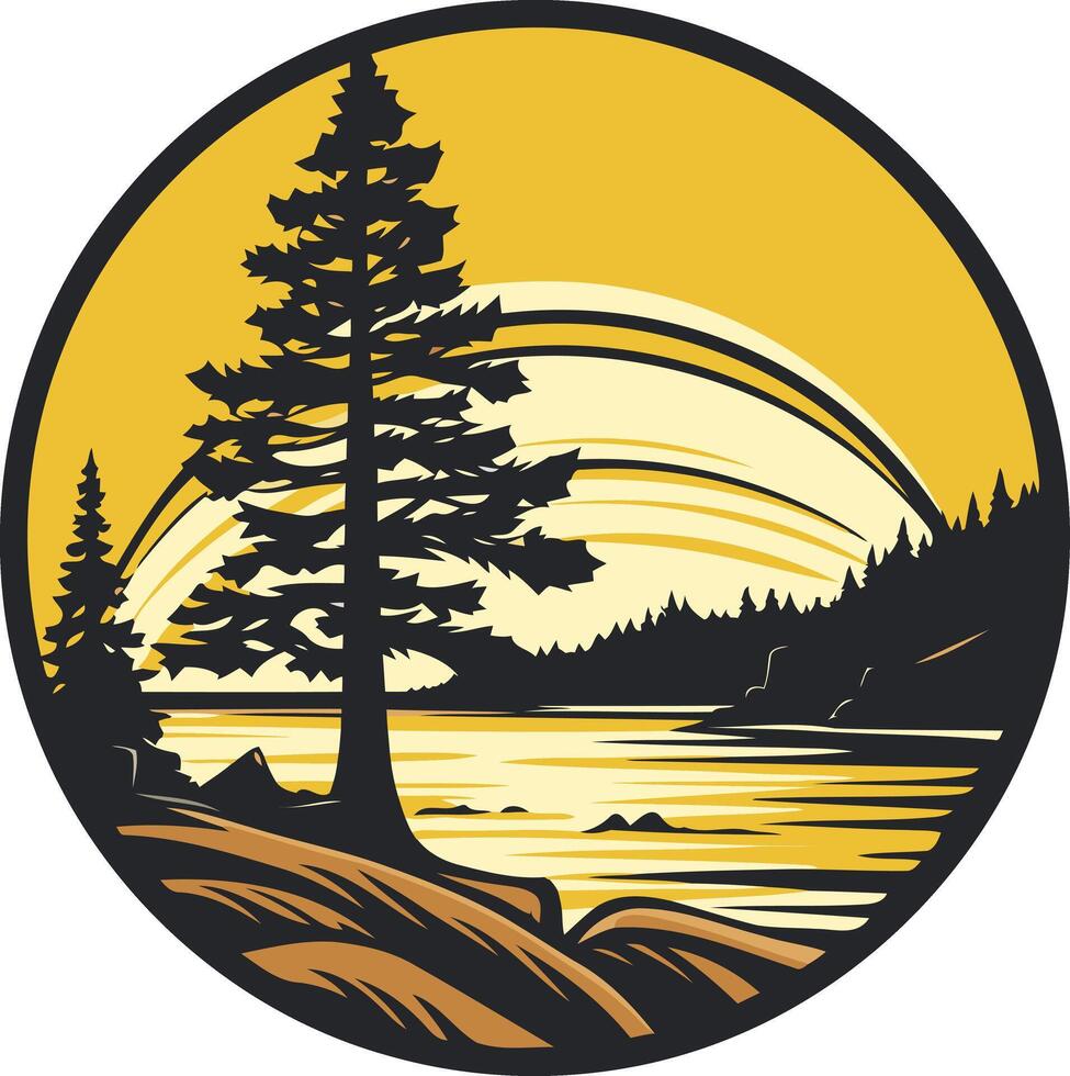 A circular logo featuring a scenic lake view with a pine tree, mountains, and a sunrise or sunset vector