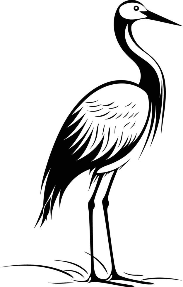 Elegant black and white illustration of a graceful crane, perfect for nature-themed designs, logos, or tattoo art vector