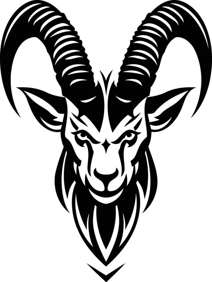 Powerful black and white illustration of a goat's head with horns, perfect for tattoo designs, branding, and more vector