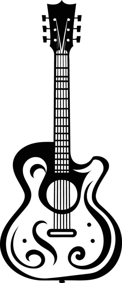 A simple black and white illustration of an acoustic guitar with a decorative design vector