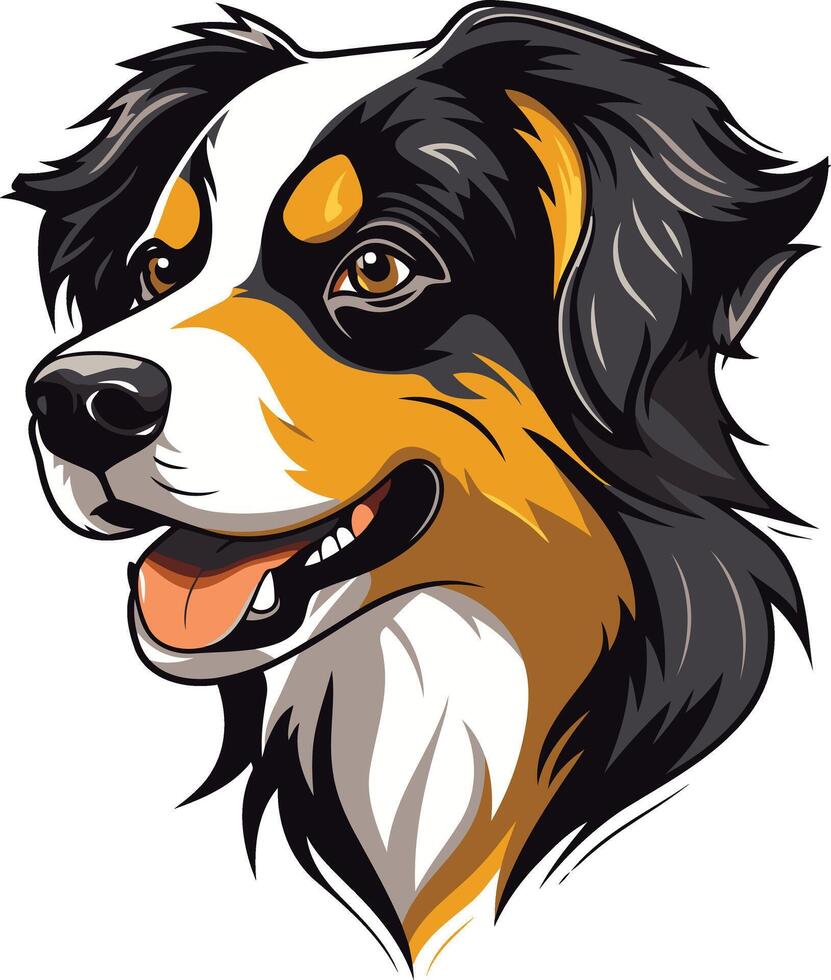 A friendly, cartoon style illustration of an australian shepherd's head, showcasing its distinctive markings and happy expression vector