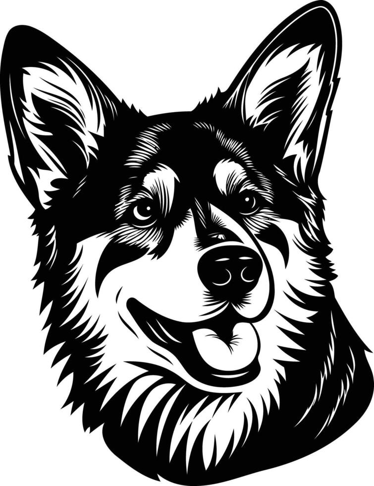 A bold, black and white illustration of a happy dog's head, perfect for t shirt designs, pet related projects, and more vector