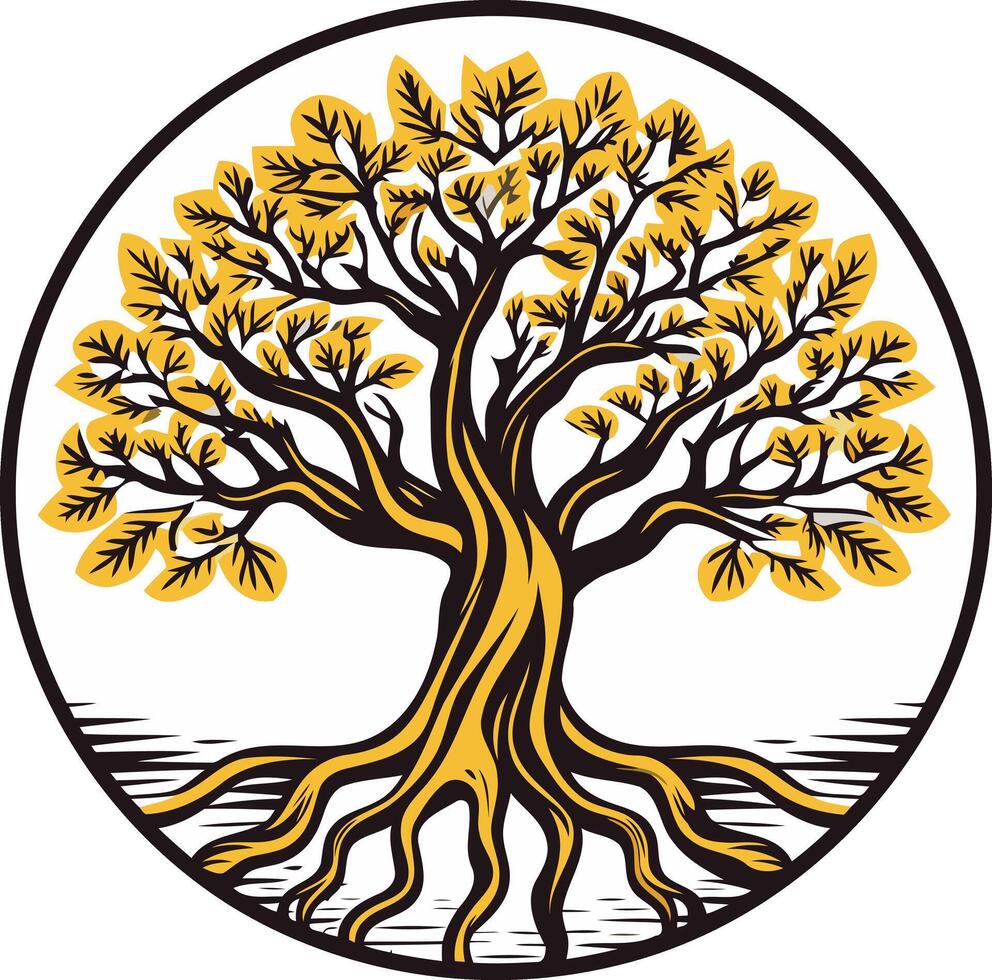 A stylized, circular design featuring a strong, rooted tree with intricate branches and leaves vector