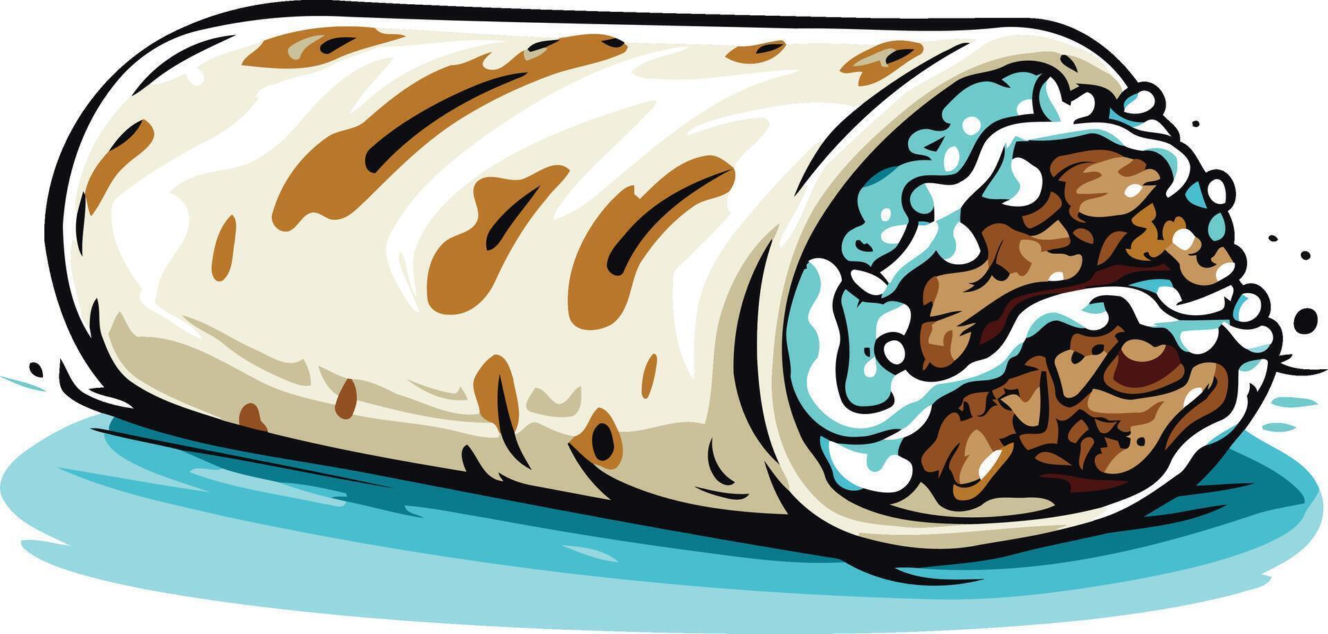 A delicious looking burrito, freshly rolled and filled with savory meat, creamy sauce and a touch of green vector