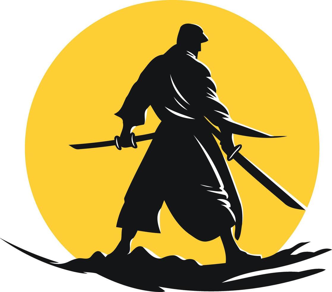 Samurai Warrior Silhouette with Setting Sun vector