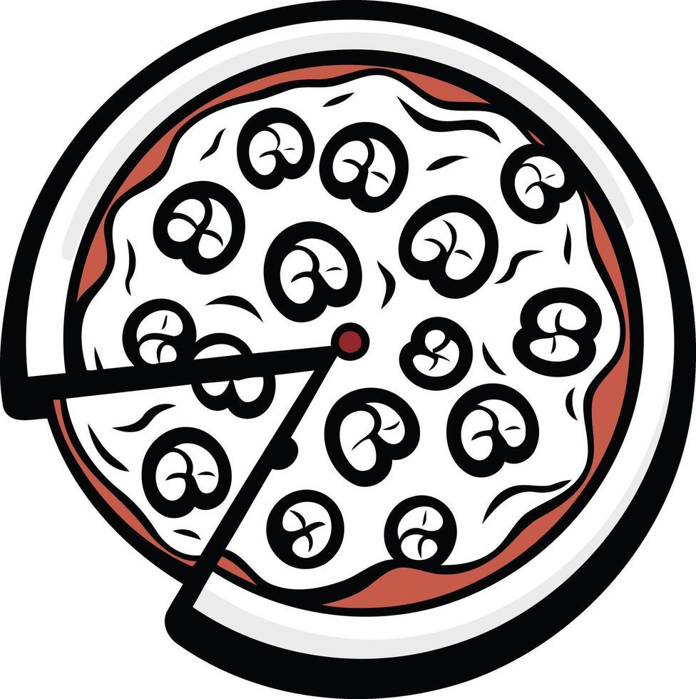 A playful, cartoon illustration of a pizza with a single slice removed, perfect for menus, social media, or branding vector